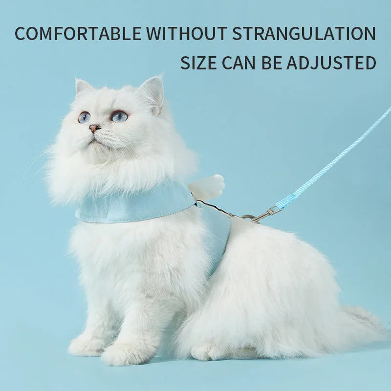 Adjustable cat harness and leash set with angel wings design, breathable air mesh, blue or green, sizes S to XL