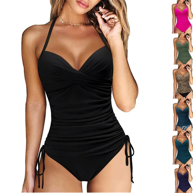 Women's black nylon high-waist bikini set for swimming sports on a mannequin.