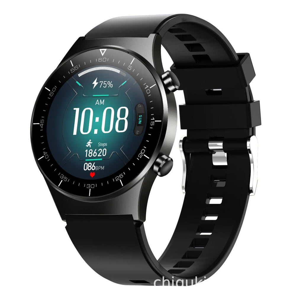 Black smart watch with TPU wristband showing heart rate monitoring on 1.28 inch touch screen