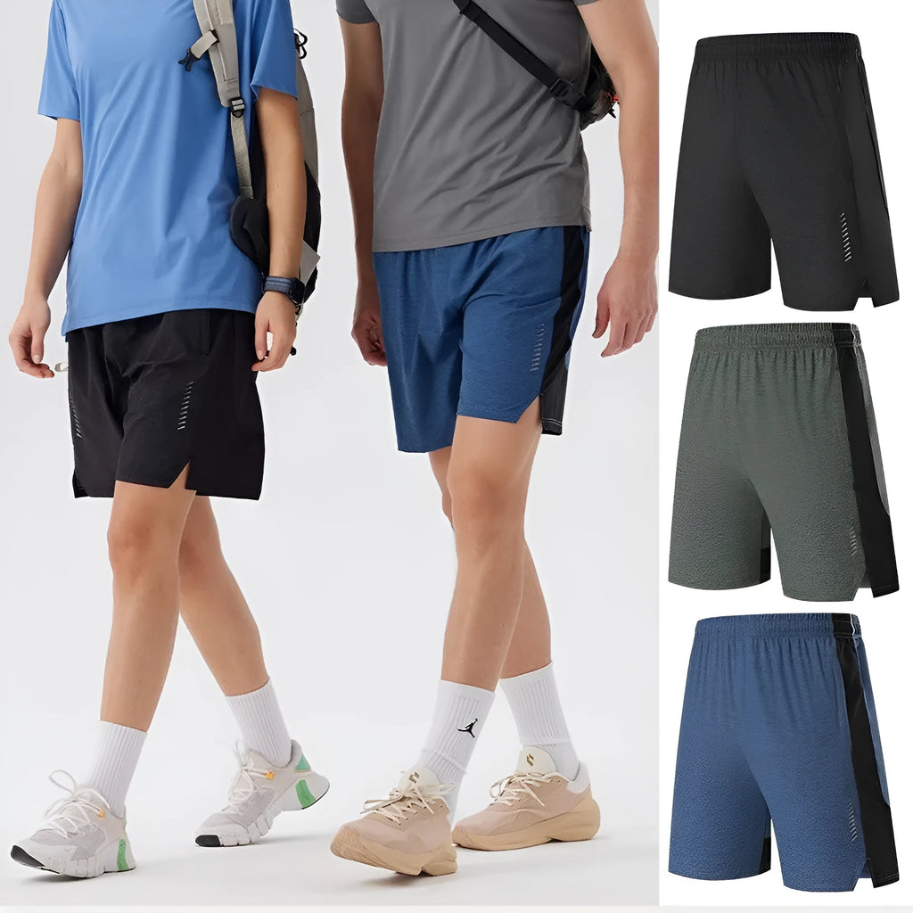 Men's casual spandex shorts in forest green, showing mid-waist fit and short length.