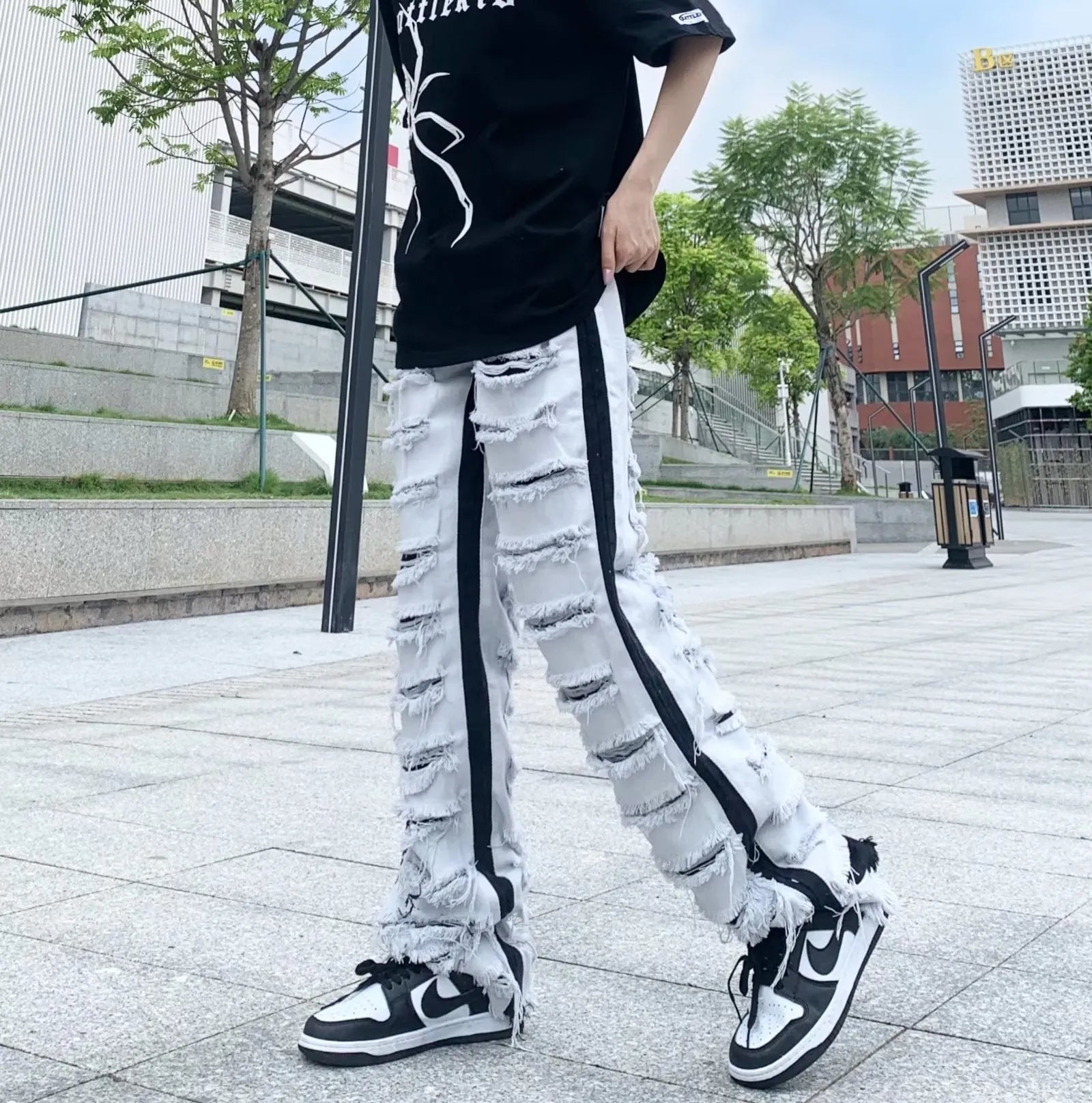 Men's Ripped Jeans Straight Casual Versatile Trousers Mid Waist Zipper Fly Denim Polyester Blend Teenagers Leisure S M L XL 2XL 3XL 4XL Picture Color