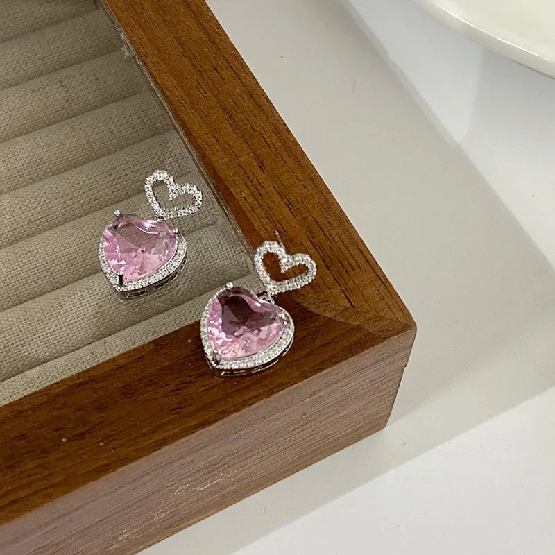 Pink crystal heart earrings on copper base, 26x15mm, 7g, 2023 new light luxury fashion jewellery for women girls