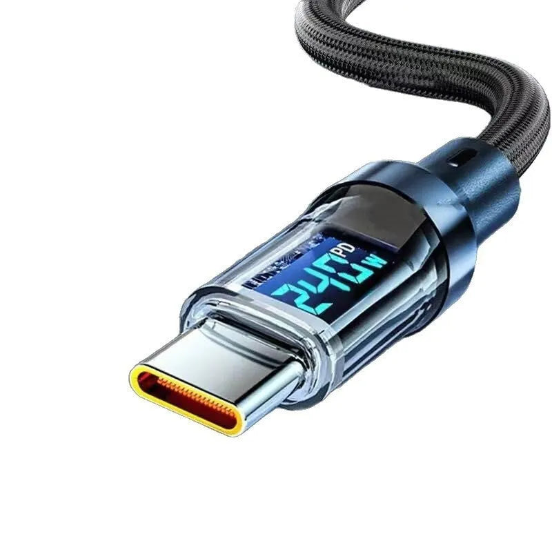 Black braided nylon Type-C cable with digital display showing charging wattage