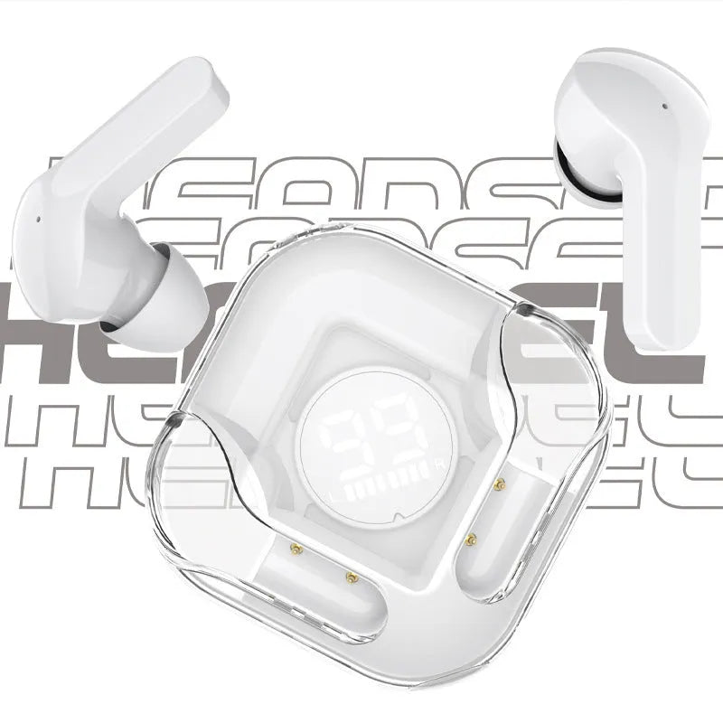 TWS wireless Bluetooth earphones in transparent white, black, pink, blue, and green colours with charging case