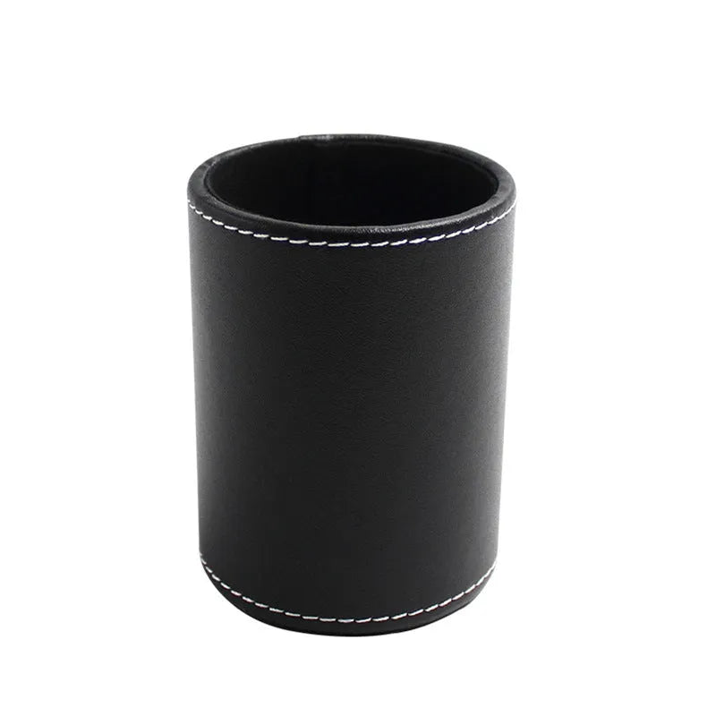 Black leather round pen container with 8.0cm diameter measurement