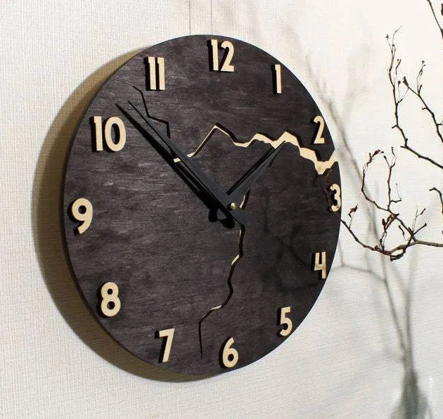 Modern wooden wall clock with crack effect design, 30 cm diameter, minimalist numerals