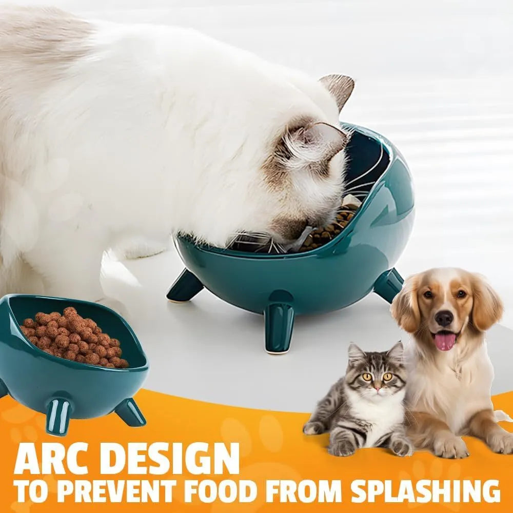 Green ceramic pet food bowl with four legs and wide mouth opening for cats and small dogs