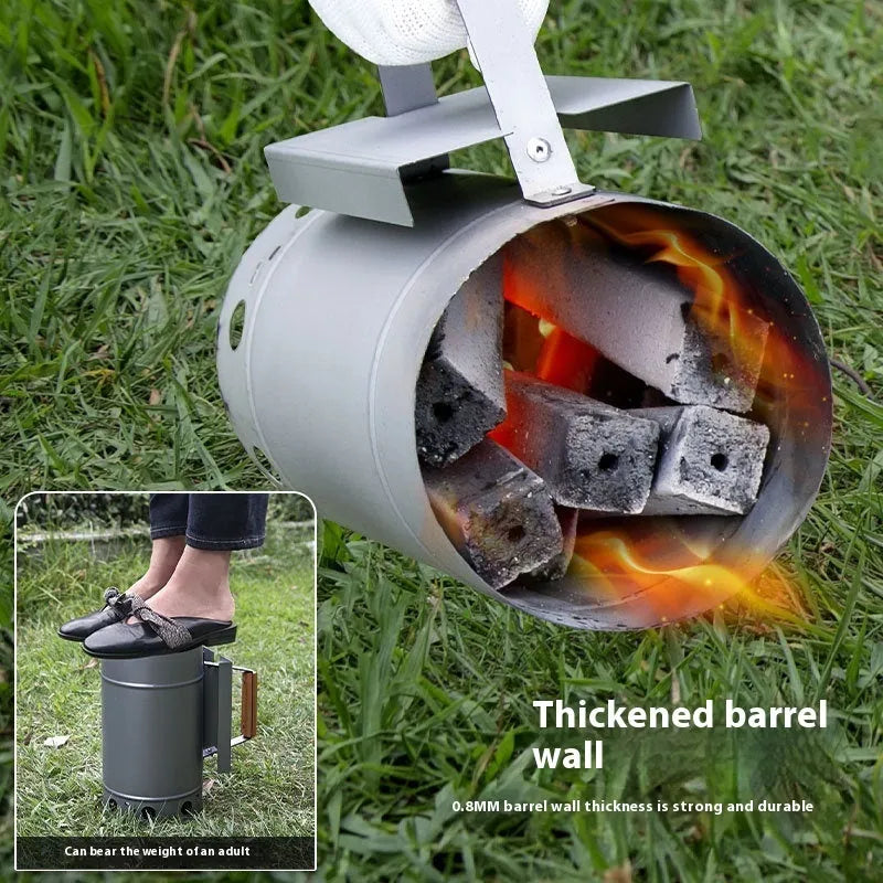 Zinc-iron alloy outdoor charcoal fire starter stove with point carbon barrel design and oven igniter.
