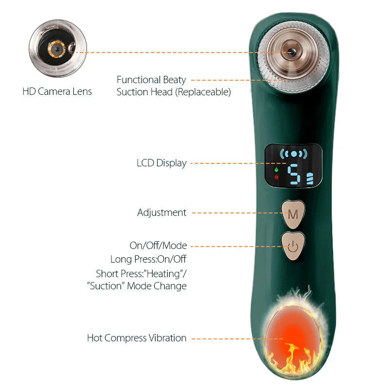 Rechargeable blackhead remover with hot compress, 54KPA suction, app control, green or white, USB charging