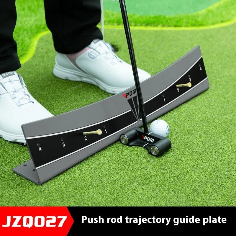 Golf putter trajectory balance simulator with adjustable push rod training aid