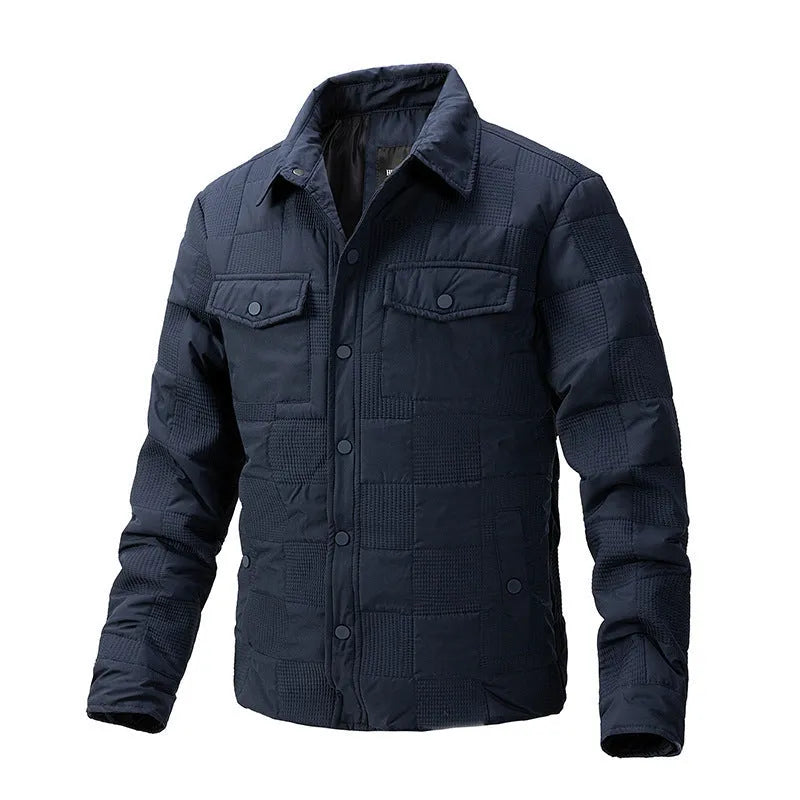 Quilted men's cotton jacket with polo collar and wool lining shown in dark blue.