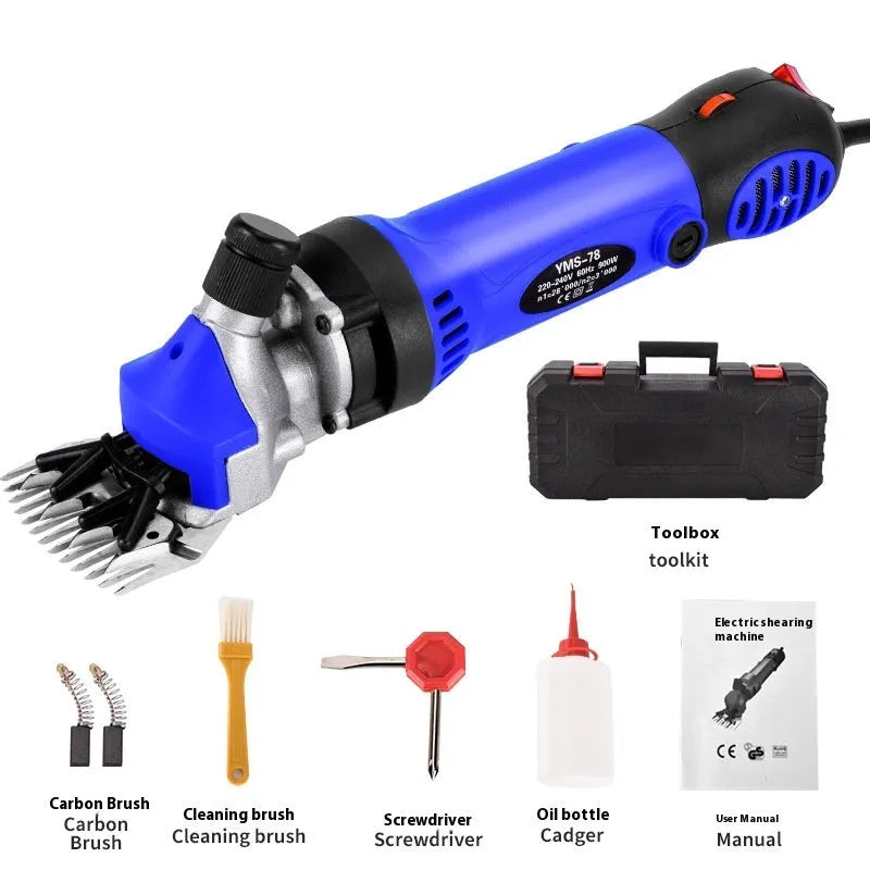 Yellow electric sheep shearing machine with 13 straight teeth and complete accessory set including multiple blades and tools