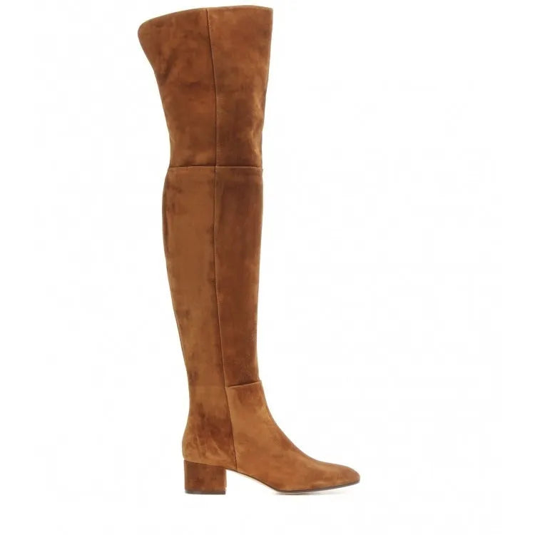 Grey suede women's flat over the knee boots with a pointed toe and low thick heel.