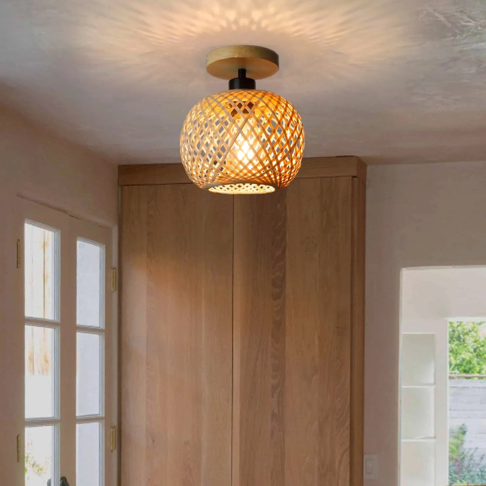 Japanese-style bamboo ceiling lamp with rattan shade in natural wood colour for corridor lighting