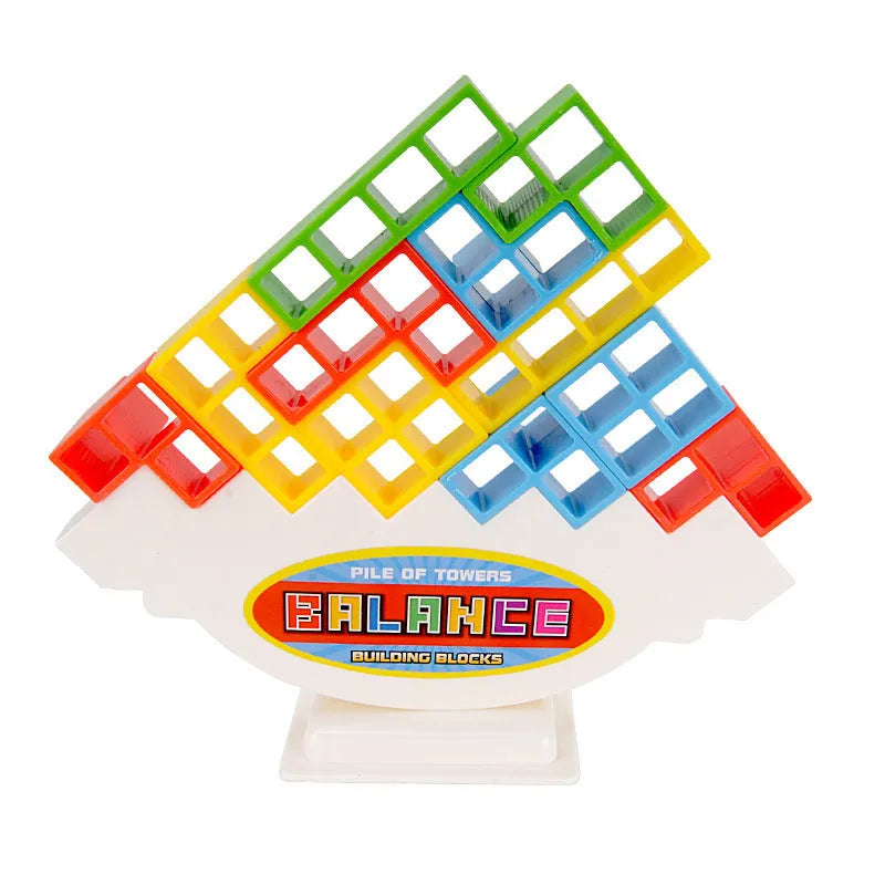 Plastic balance stacking tower game with coloured blocks on a base for kids and adults