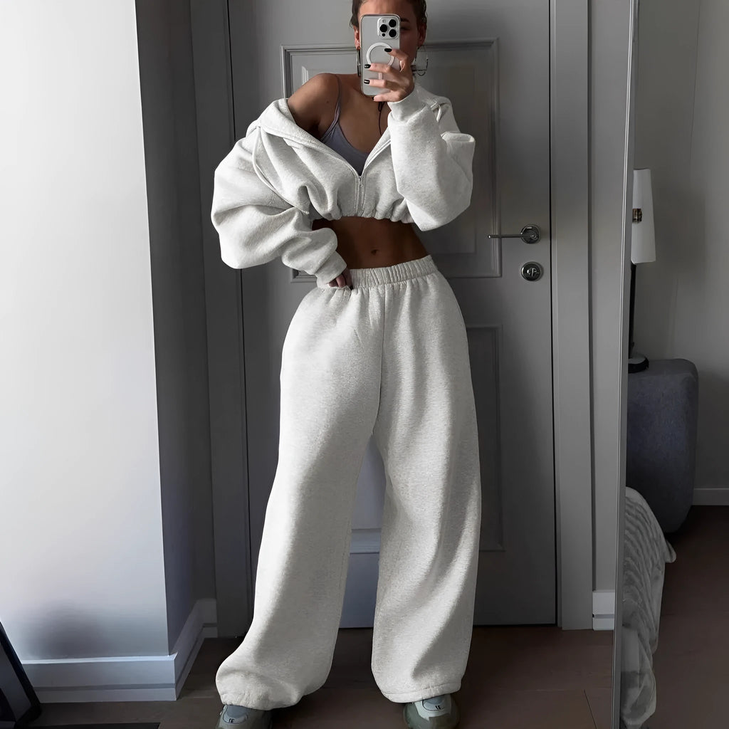 Men's long sleeve polyester sports suit two-piece set in light gray