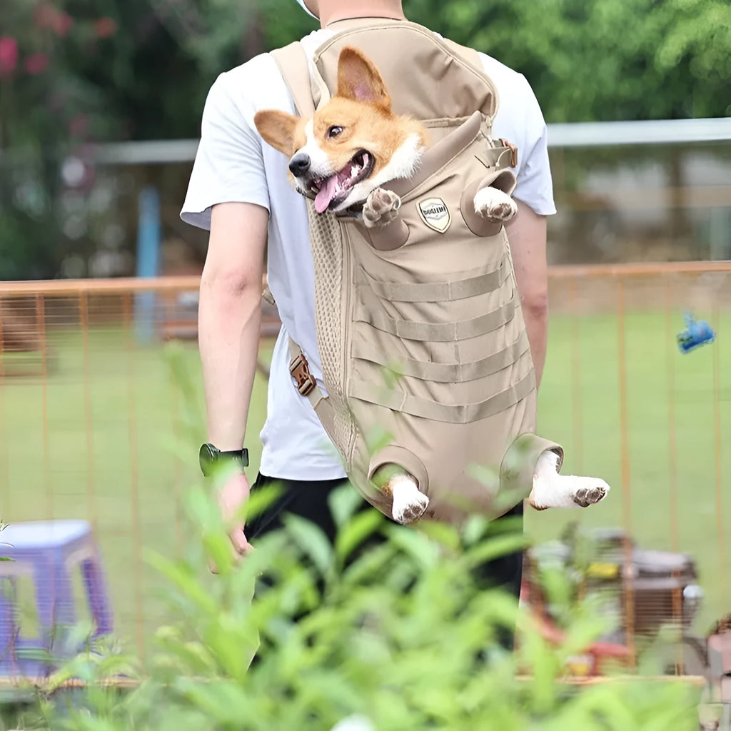 Khaki polyester breathable pet backpack carrier for medium dogs, available in sizes M and L