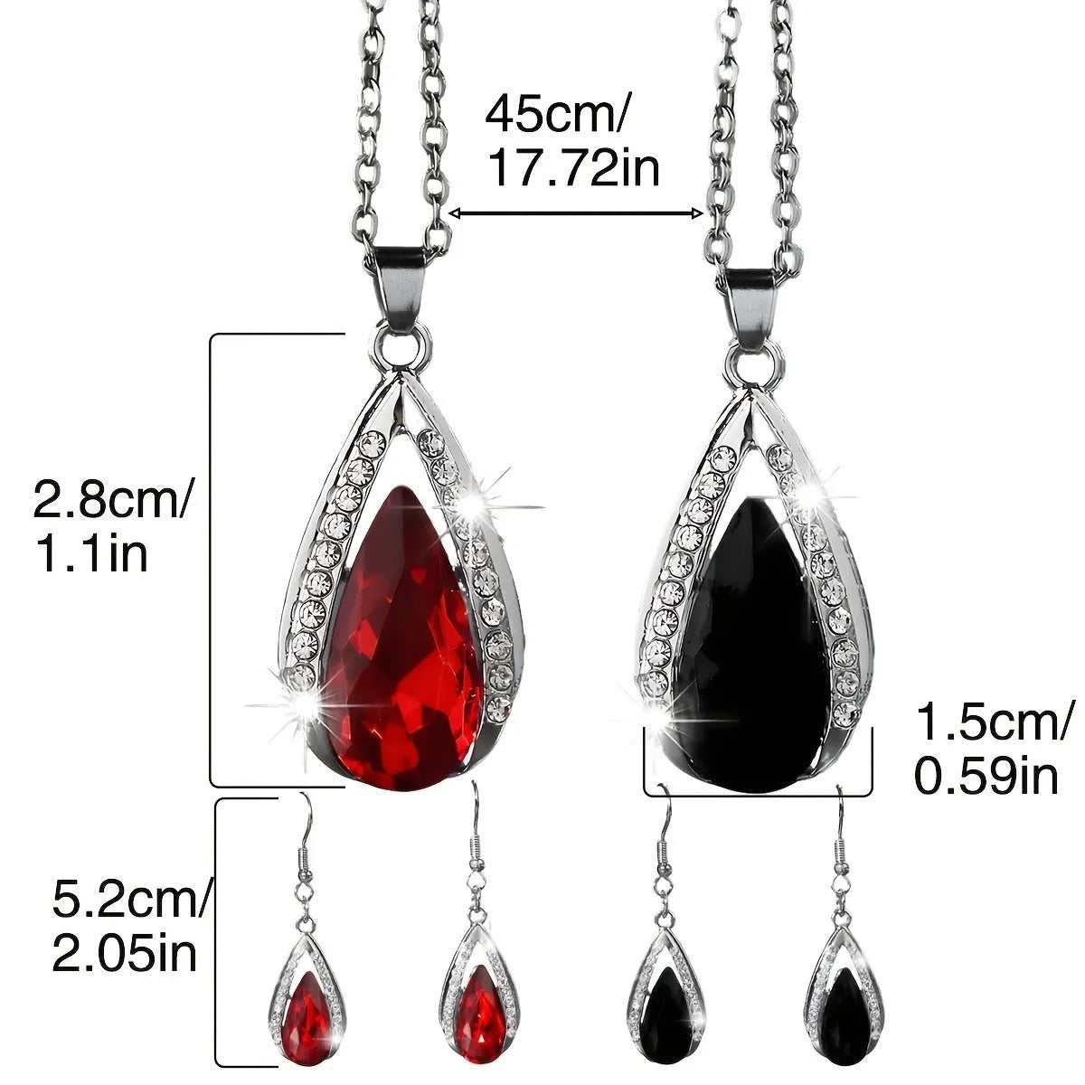 Black and red teardrop glass pendant necklace and matching earrings set made from alloy metal.