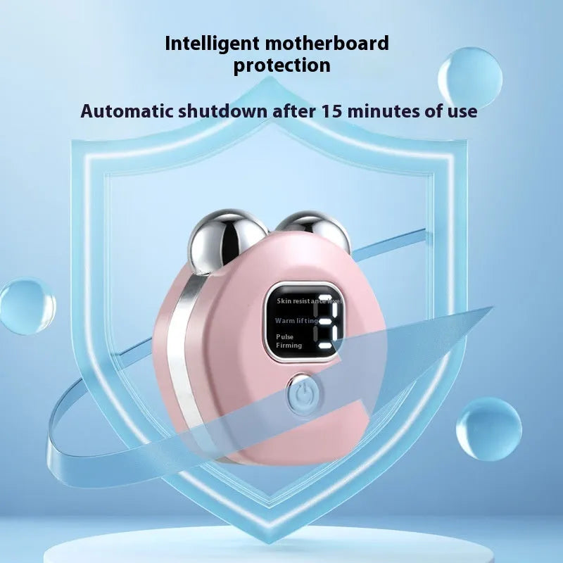 Portable white facial massager with hot compress, micro current, and double roller head for skin rejuvenation.