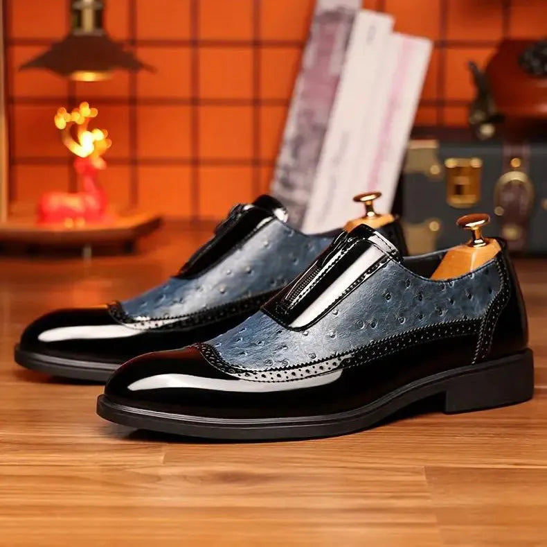 Men's black ostrich grain Chelsea shoe with pointed toe and zip fastening, size 39-47