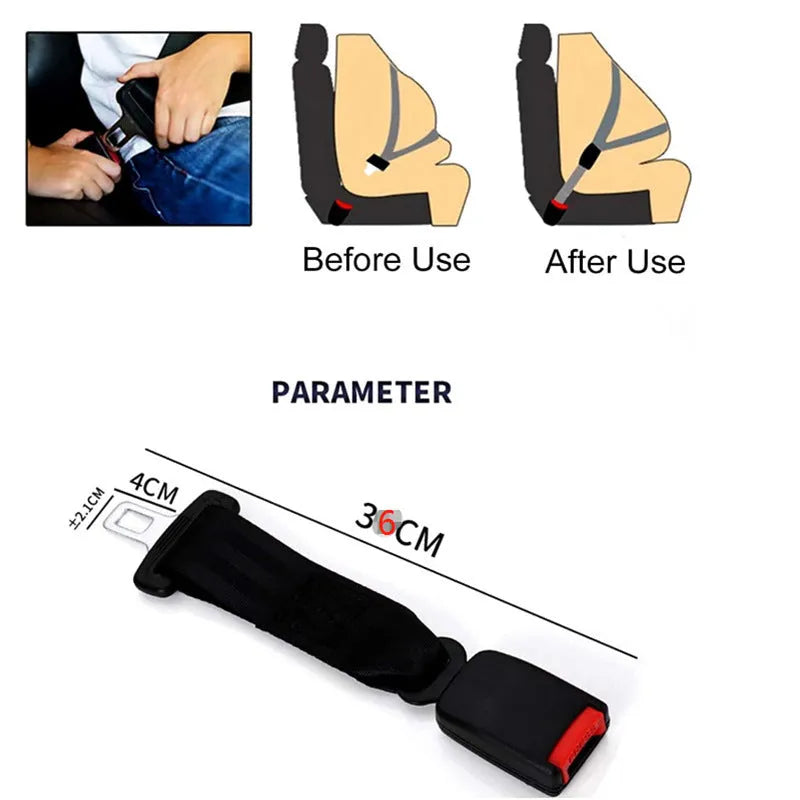 Black car seat belt extender with 36cm ribbon extension for 21mm belt inserts