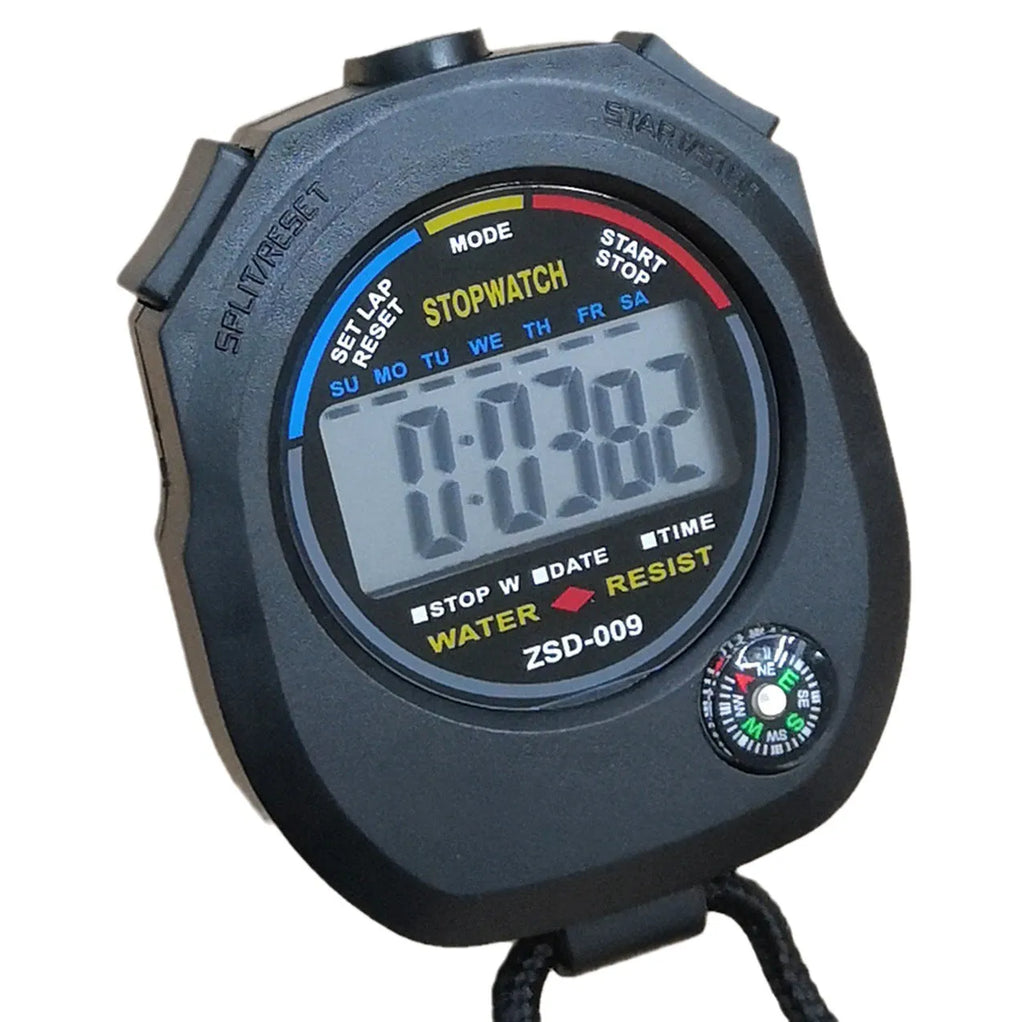Two black multi-functional outdoor fitness stopwatch with display, 83x65x23mm ABS plastic timer for running and ball sports