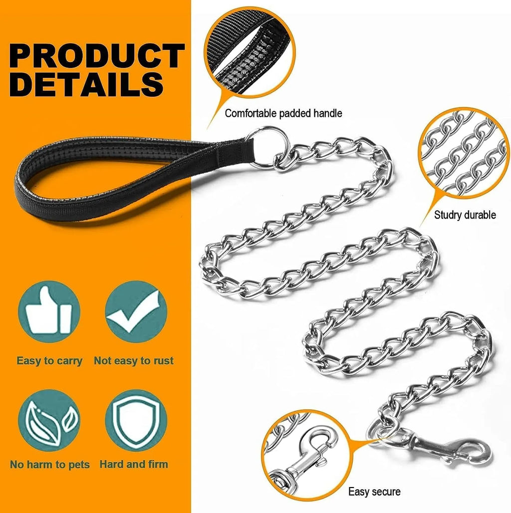 Black heavy duty metal dog chain leash with a soft blue padded handle, shown at full 120cm length.