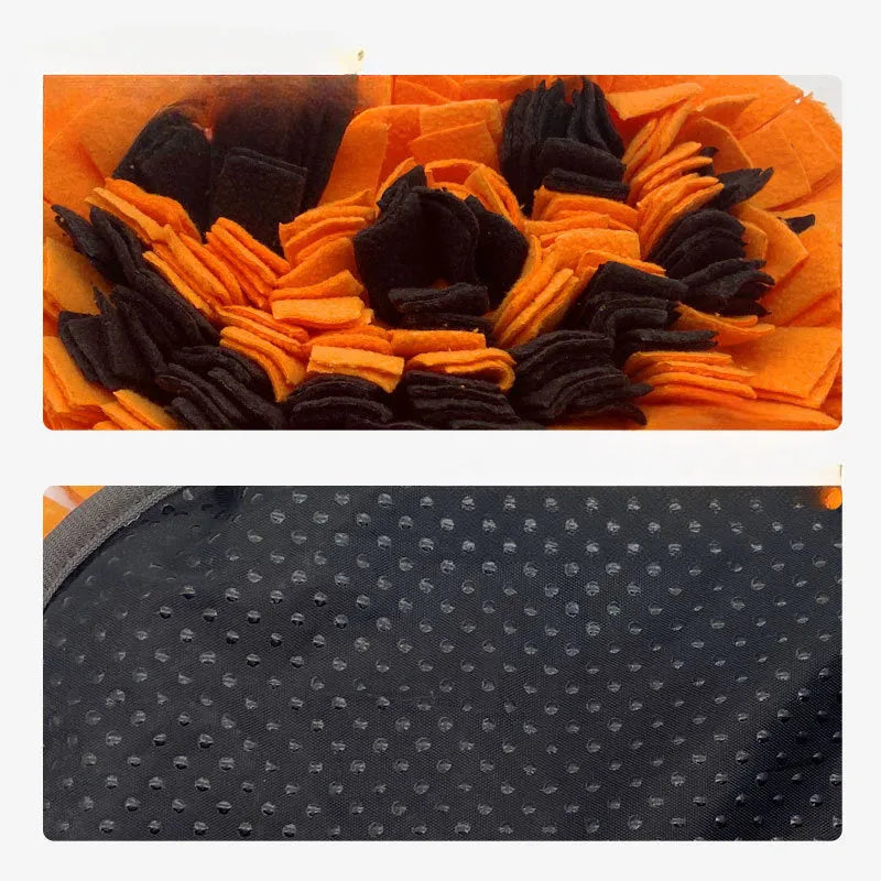 Orange pumpkin-shaped dog sniffing mat with a textured fur surface for slow feeding.