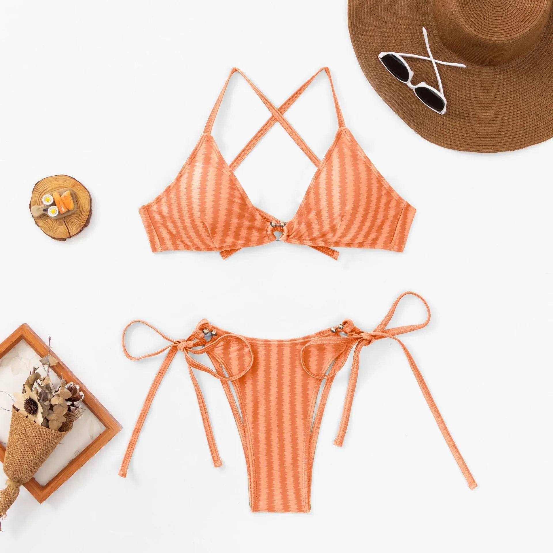 Women's jacquard lace-up swimsuit two-piece set in nylon fabric with backless design
