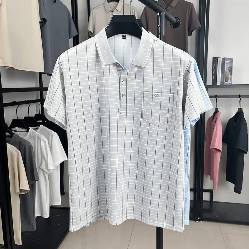 Men's ice silk plaid pullover summer top in light blue or light grey, loose fit, sizes M to XXXXL