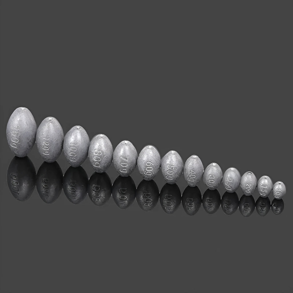 Olive lead fishing sinker with scale pattern showing rugby shape and plastic core construction