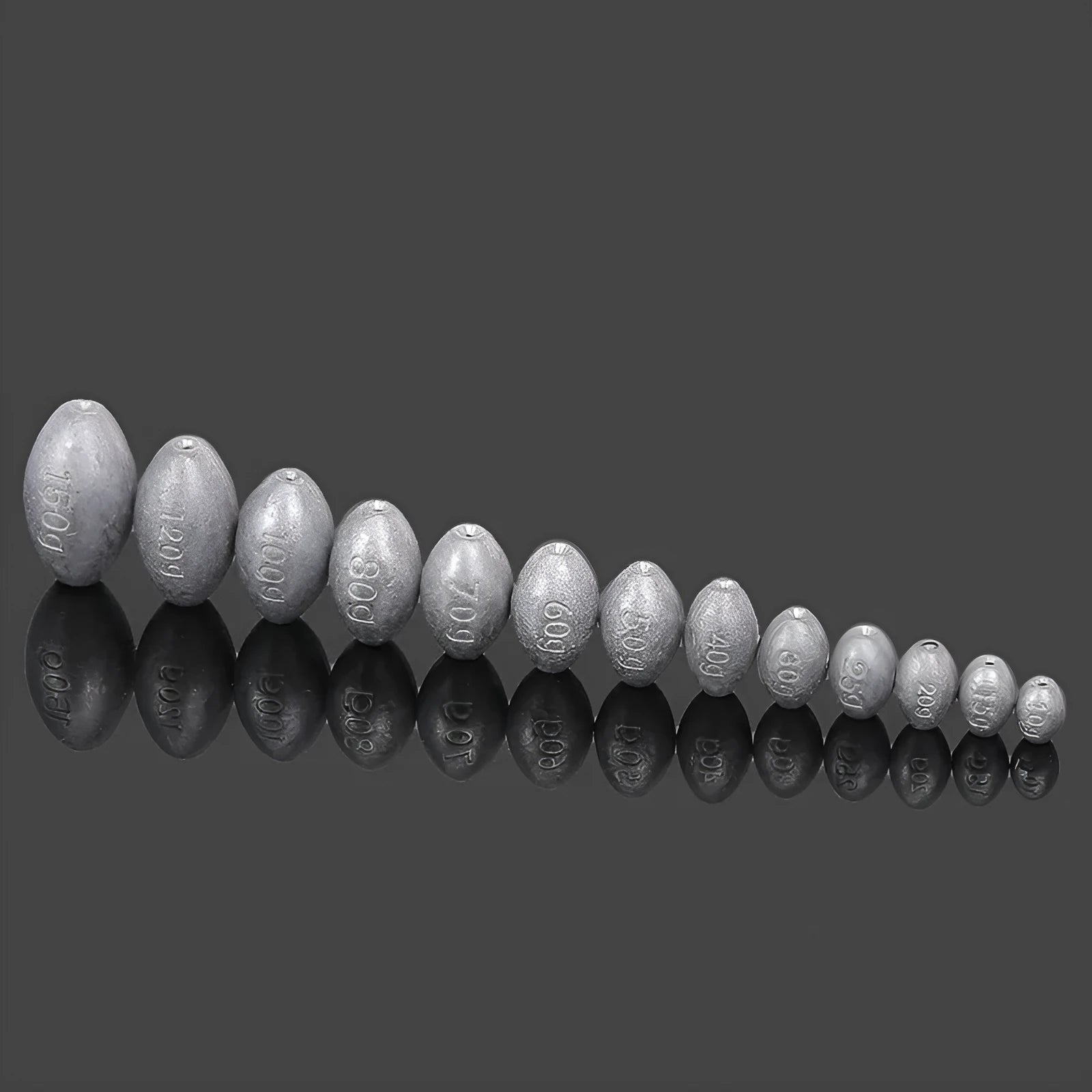 Olive lead fishing sinker with scale pattern showing rugby shape and plastic core construction