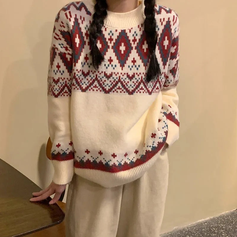 Red and white striped loose retro pullover knitted top with long sleeves