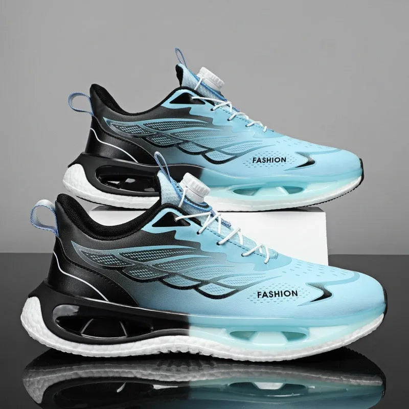 Youth low-top casual sneaker with rotating button detail on sole, shown in light blue mesh.