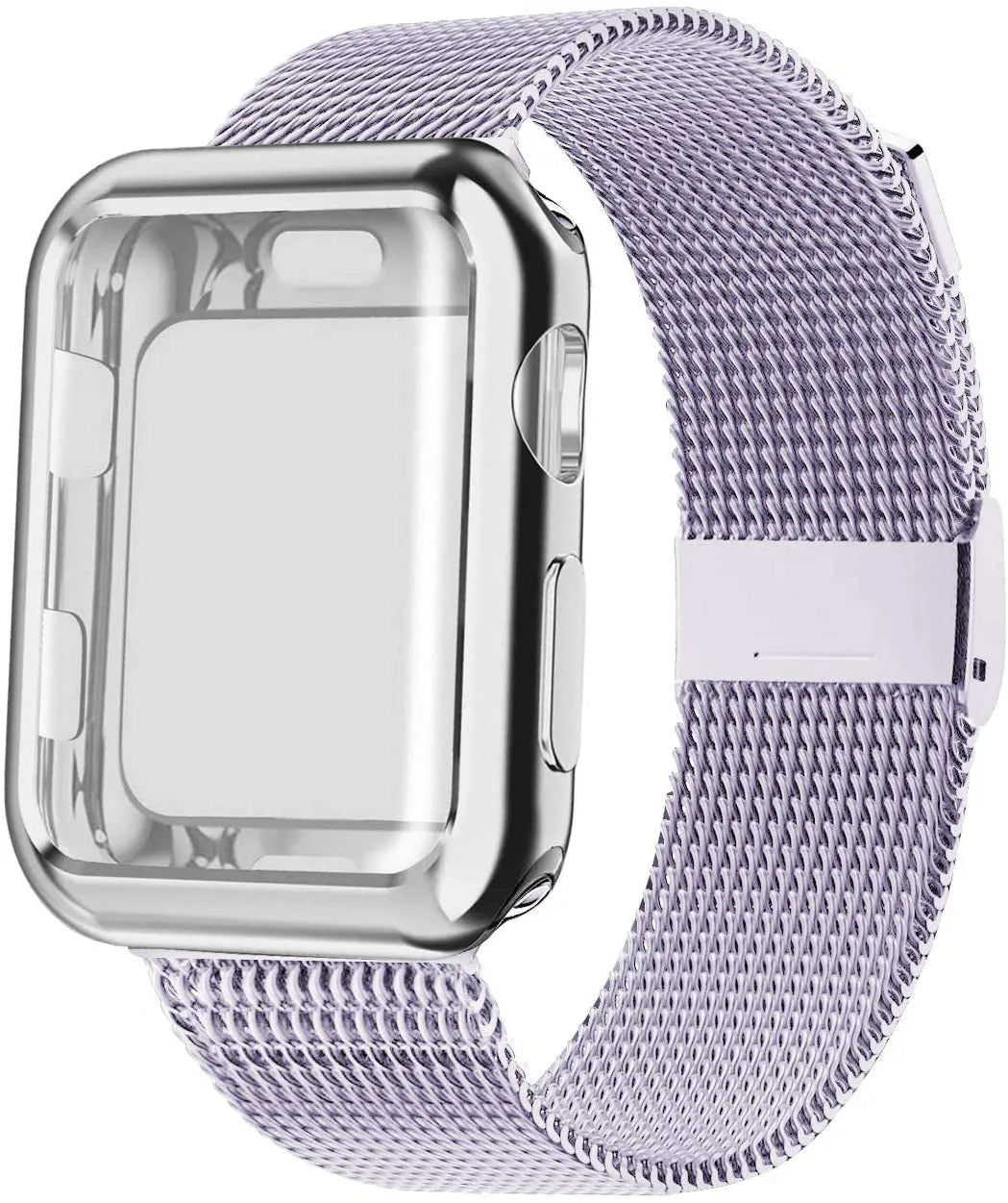 Silver magnetic Milanese loop metal band attached to an Apple Watch on a wrist.