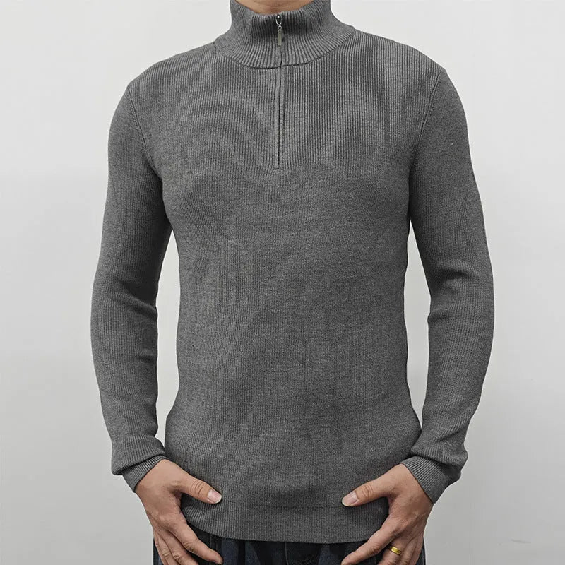 Men's half-turtleneck zipper sweater in cotton blend fabric with front zipper and long sleeves