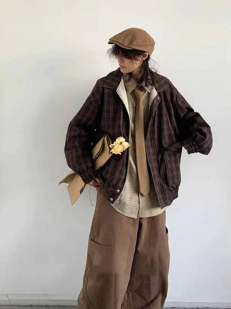 Men's retro reversible jacket in khaki with coffee colour plaid, stand collar, zipper placket, loose fit