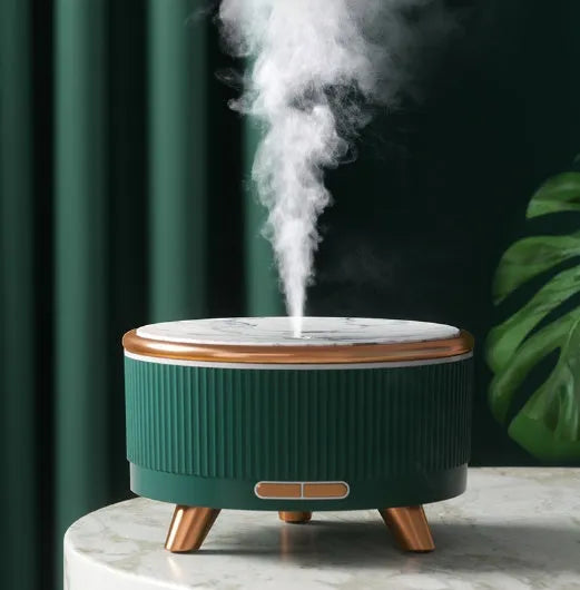 Cylinder USB charging humidifier with 500ml tank, one fog outlet, plastic body, black or green, under 36dB noise.