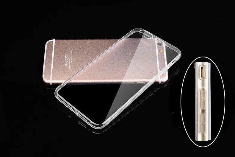 Transparent flexible TPU soft shell case on an iPhone, showing slim profile and full phone visibility.