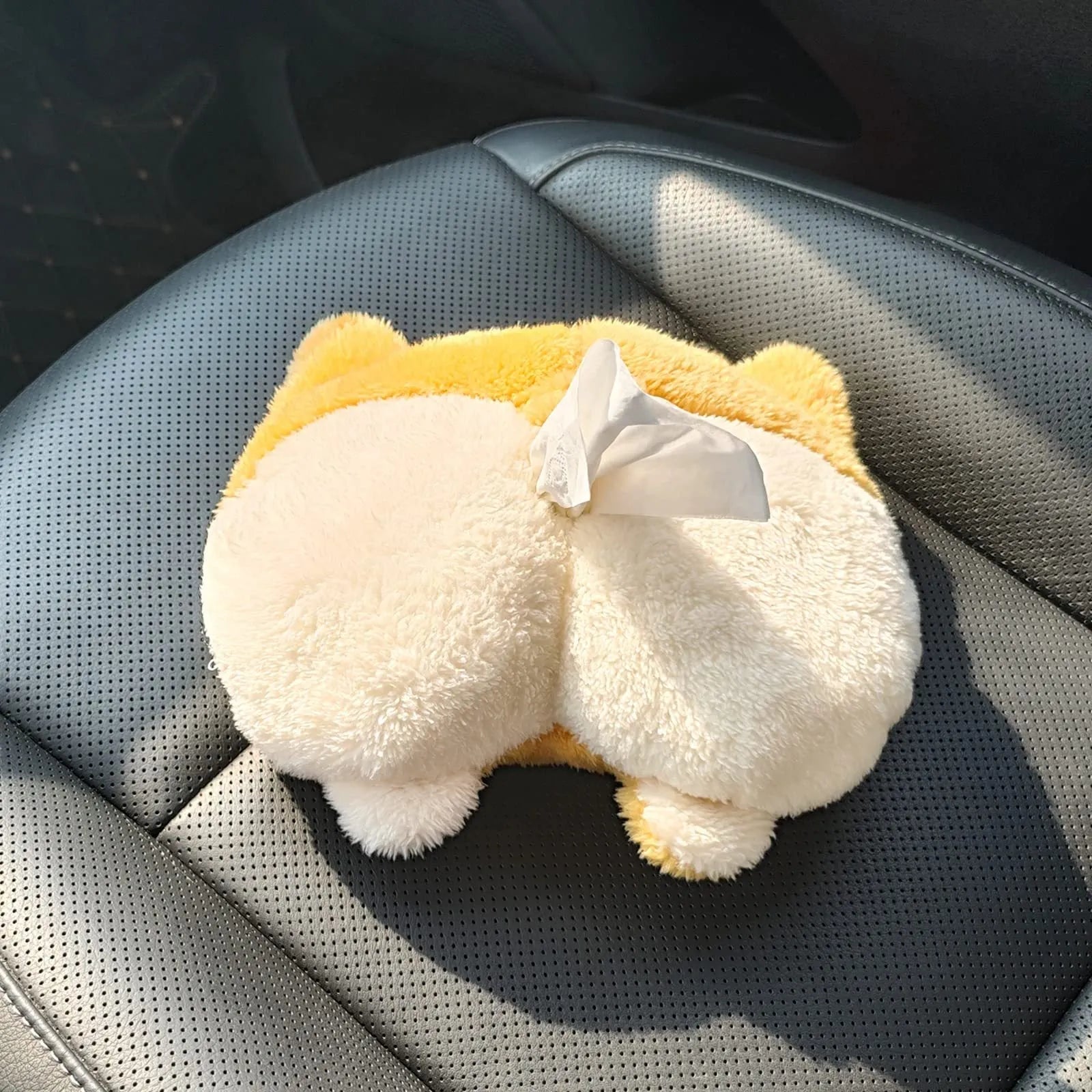 Yellow corgi butt shaped tissue box cover with elastic strap for car sun visor