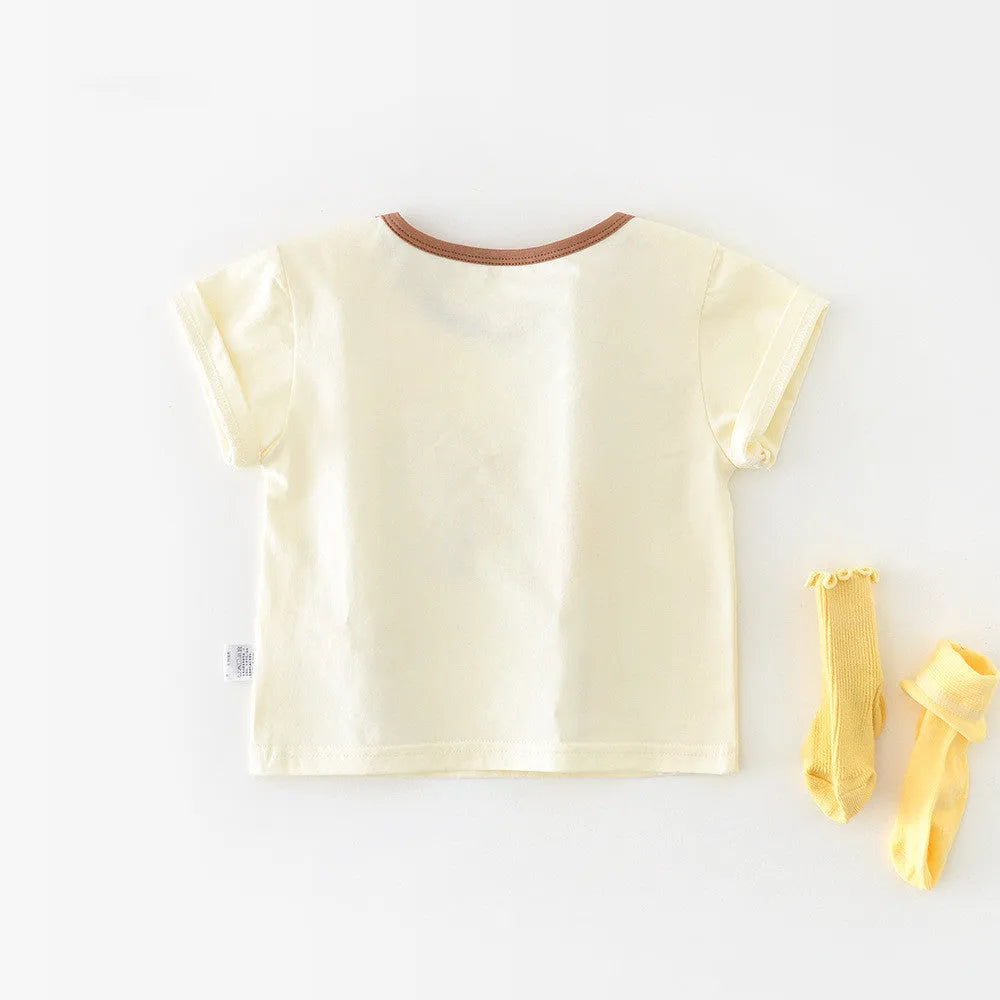 Baby summer cartoon banana round neck short sleeve top in cotton blend on white background