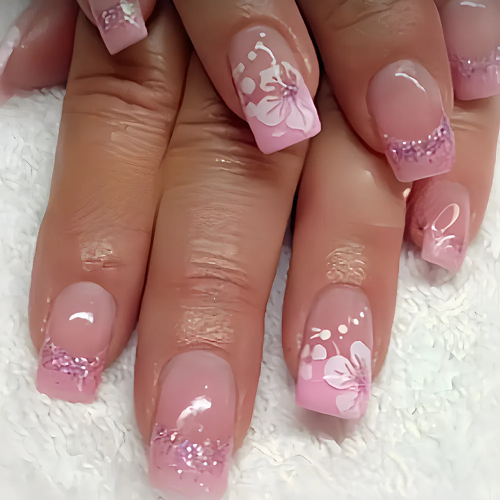 Women's floral nail stickers in French style with jelly glue wipe application on natural nails