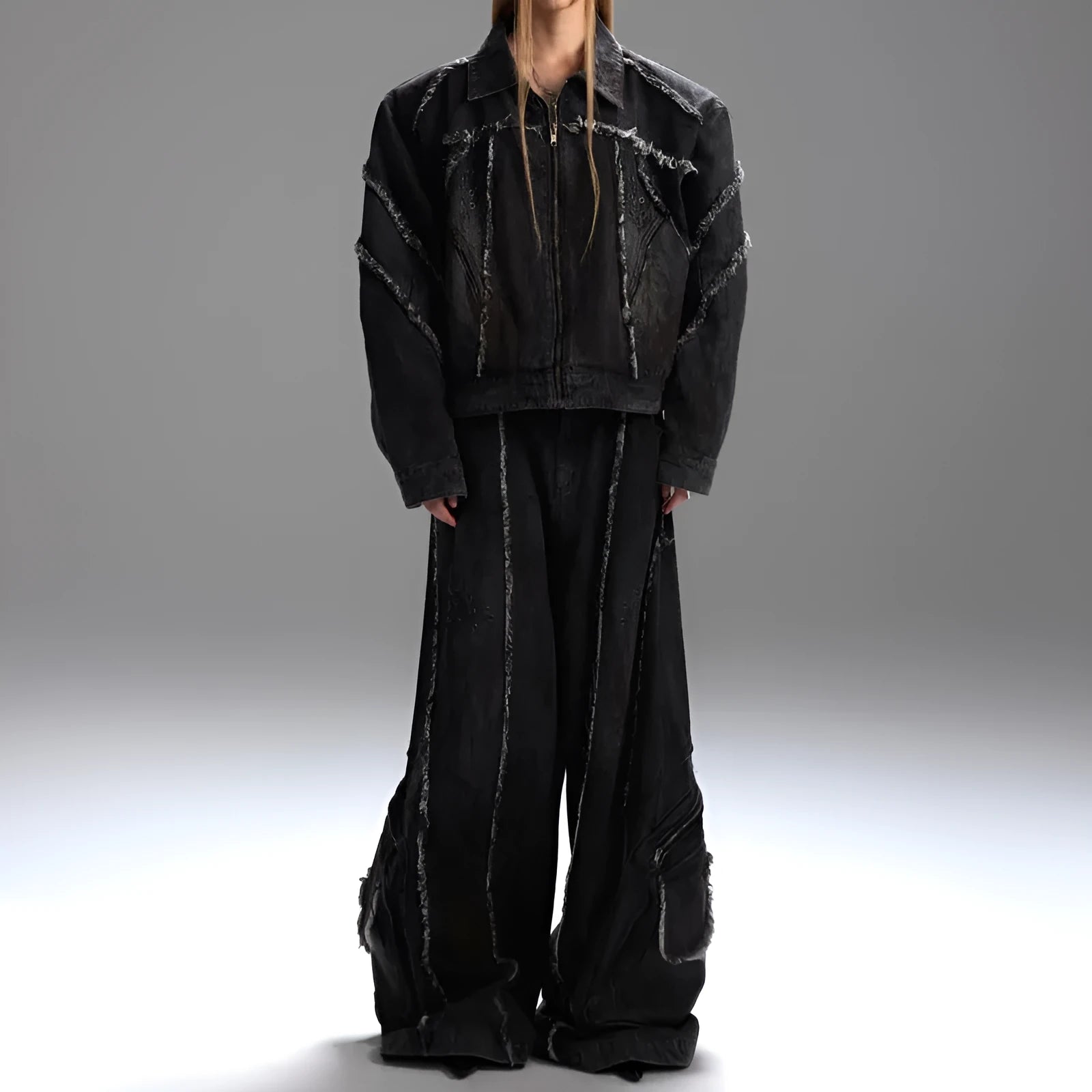 Distressed denim coat and matching black trousers set with gradient pattern and padded shoulders