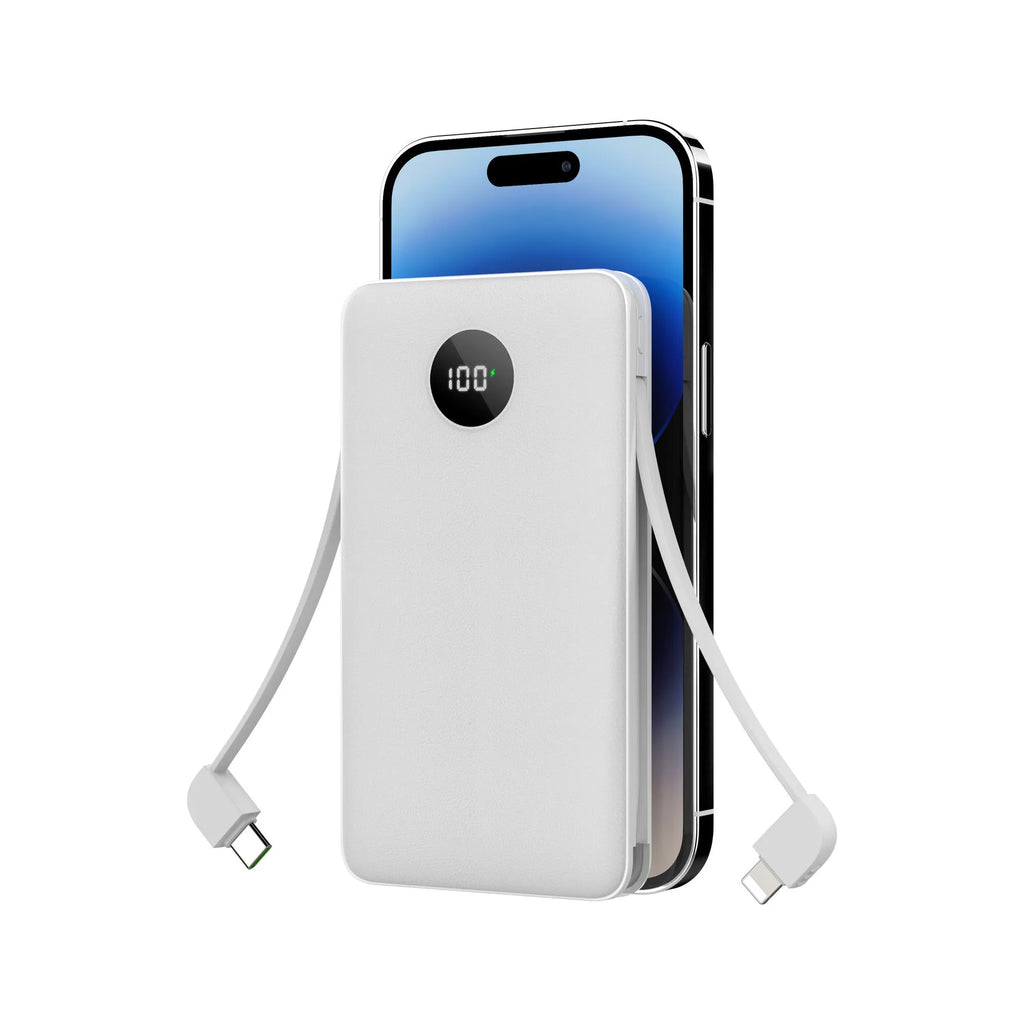 10000mAh fast charge power bank with digital display, plastic shell, 129x70x17mm, in black, white, and orange colours