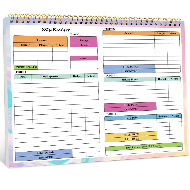 B5 budget tally book with spiral binding and blue PP cover open to show financial tracking pages