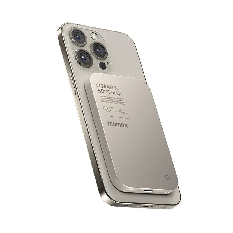 Titanium gold and black alloy magnetic wireless power bank showing different capacity options.