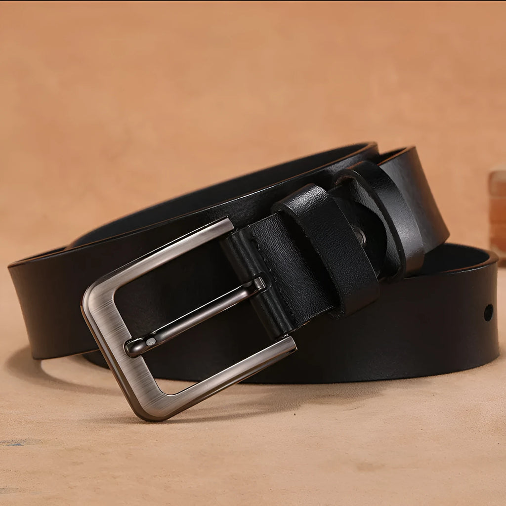 Casual jeans belt with a square alloy pin buckle in black, shown alongside a brown colour option.