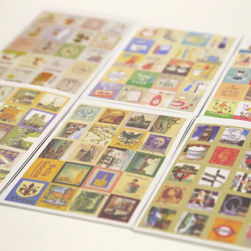 Hand painted stamp stickers 80 pieces with Paris London Italy printed designs for journal decoration
