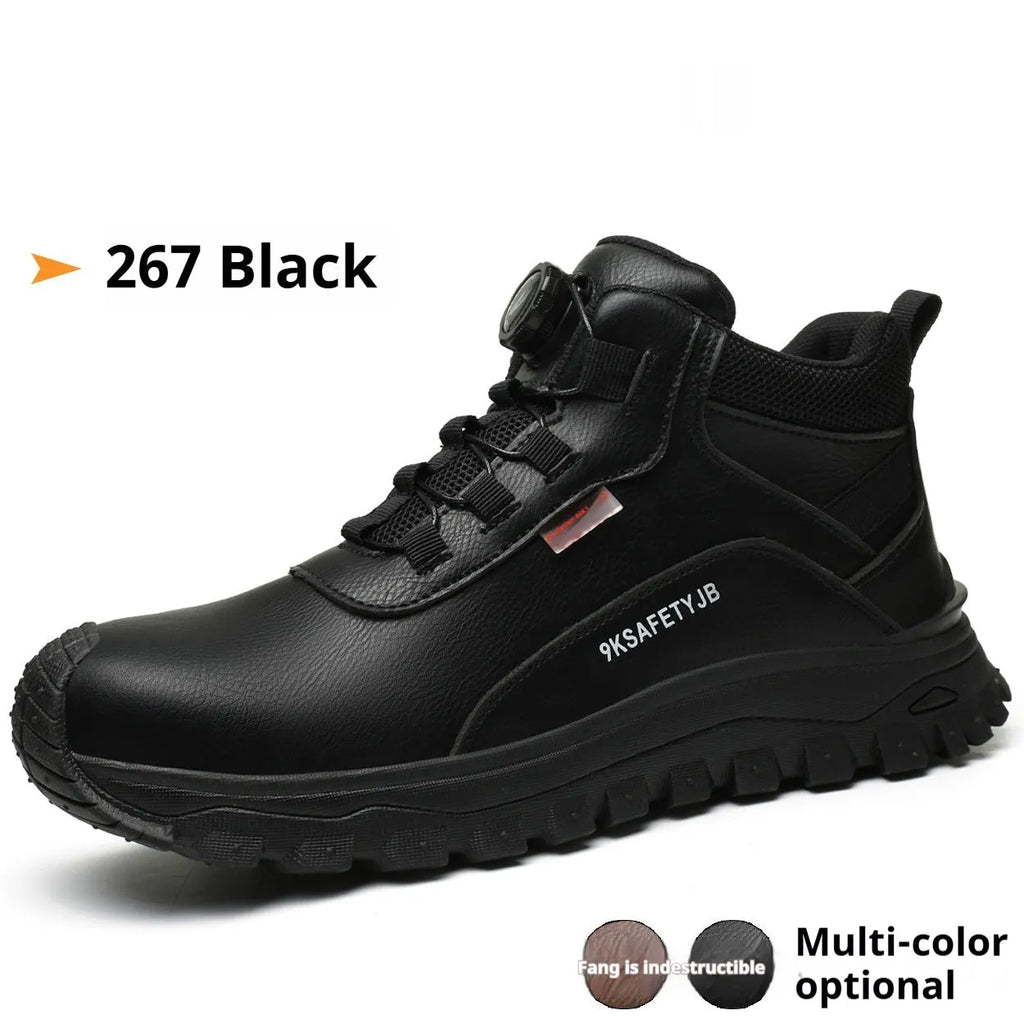 Men's black leather work safety shoes with rubber soles on a grey background