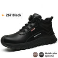 Men's black leather work safety shoes with rubber soles on a grey background